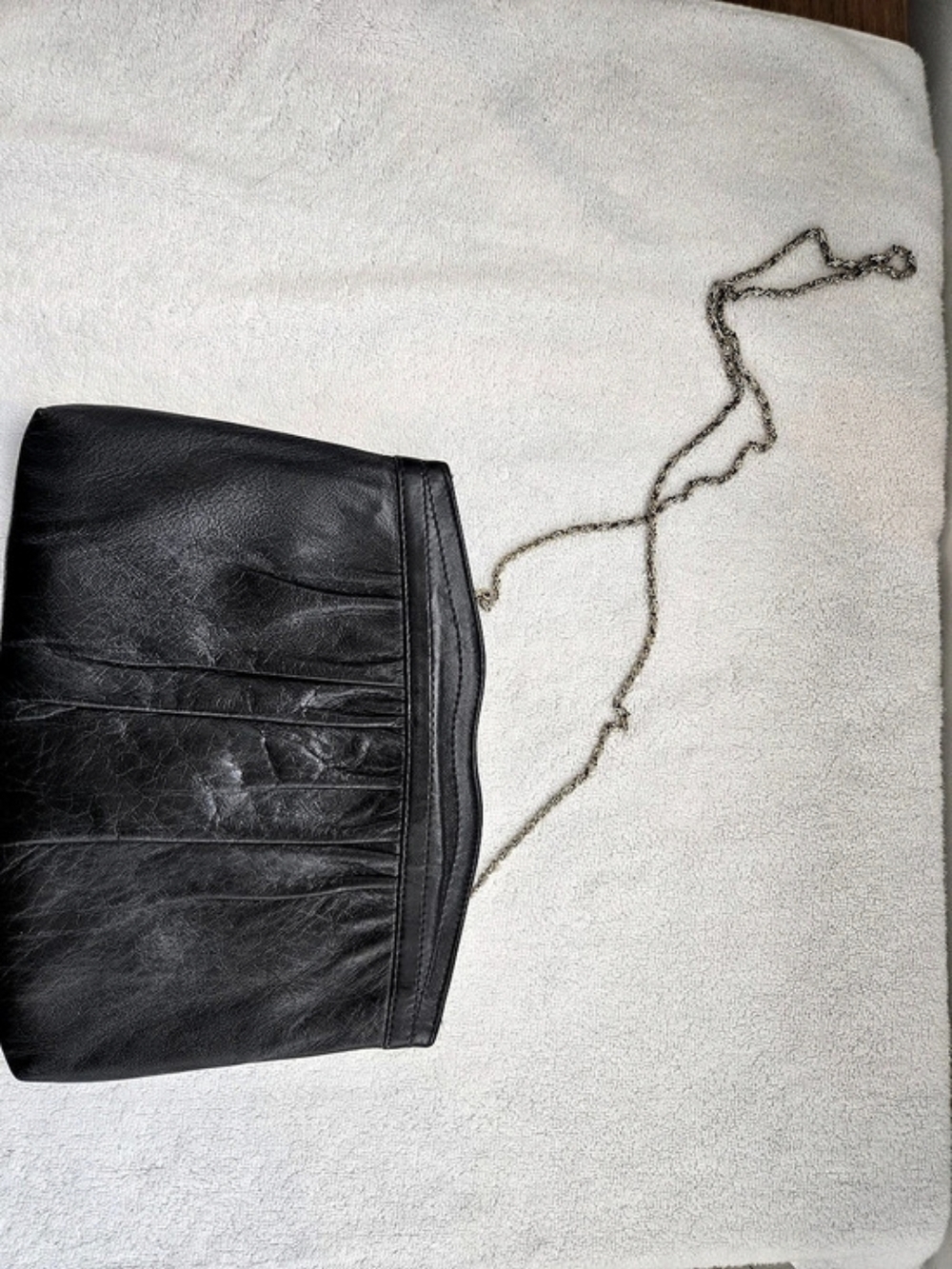 Vintage Black Leather Chain Clutch 11x8 inches. Made in Taiwan